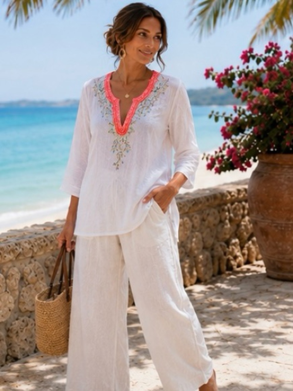 Lilly Pulitzer White Tunic Cover-Up with Coral Pink V-Neck Trim - Picture 2 of 8